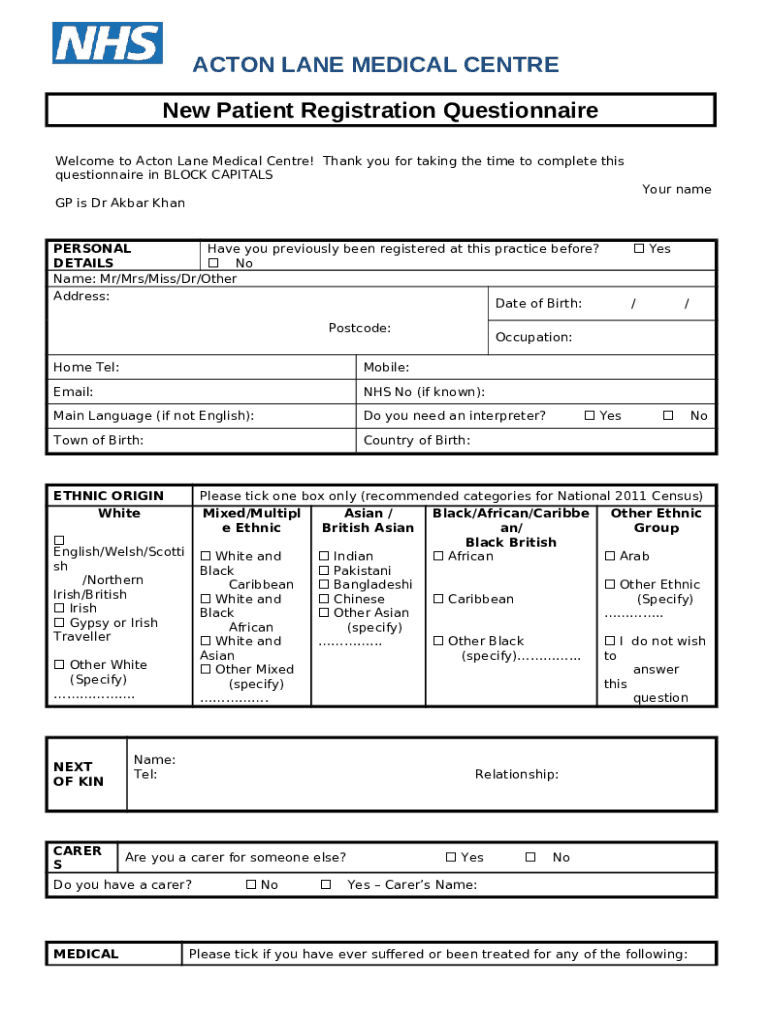 Acton Lane Medical CentreNHS GP Surgery in Ealing Doc Template pdfFiller
