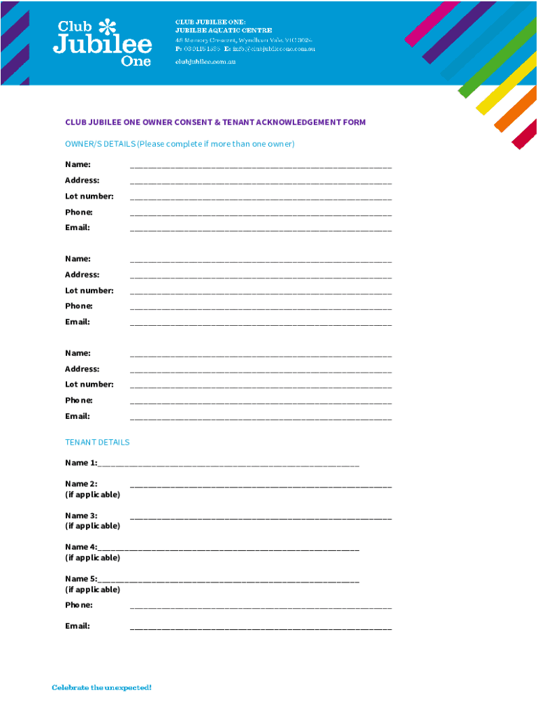 CLUB JUBILEE ONE OWNER CONSENT and TENANT ACKNOWLEDGEMENT FORM Preview on Page 1