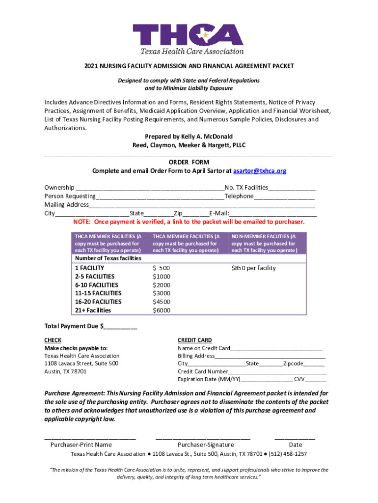 txhca appuploads2021 NURSING FACILITY ADMISSION AND FINANCIAL AGREEMENT PACKET Preview on Page 1