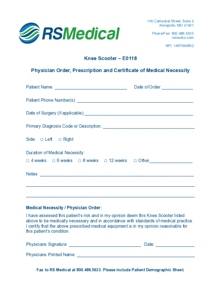 Fillable Online Knee Scooter RS Medical Physician Order, Prescription