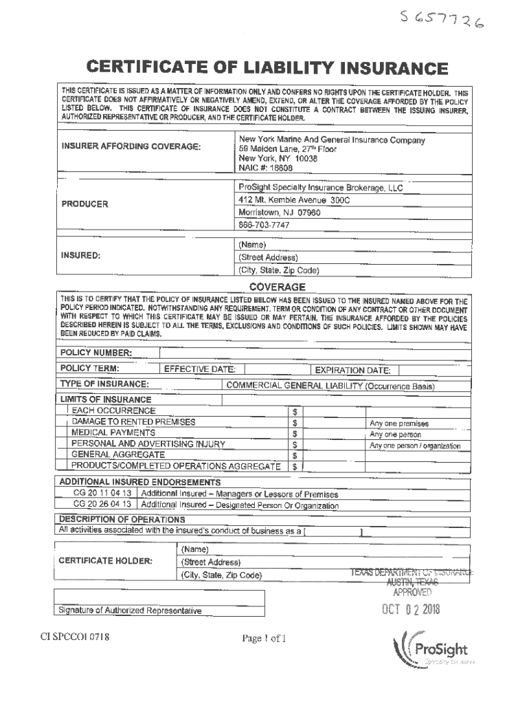 ACORD TM CERTIFICATE OF LIABILITY INSURANCE THIS CERTIFICATE IS ISSUED Preview on Page 1