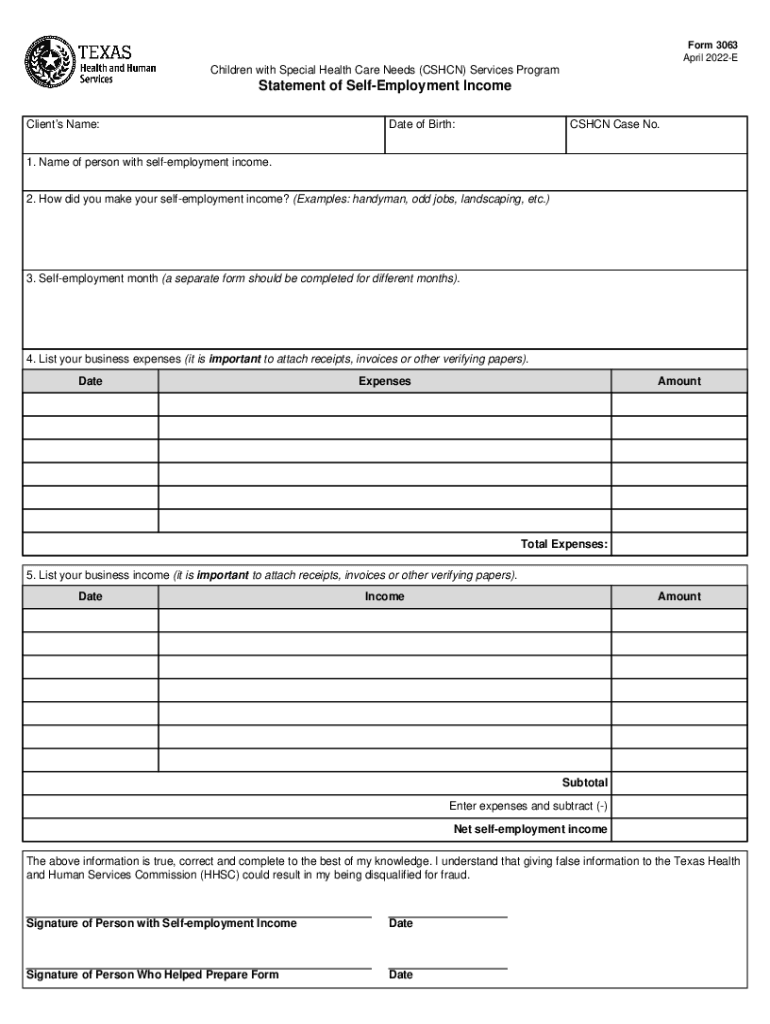 Fillable Online Form 3063, CSHCN Statement of SelfEmployment