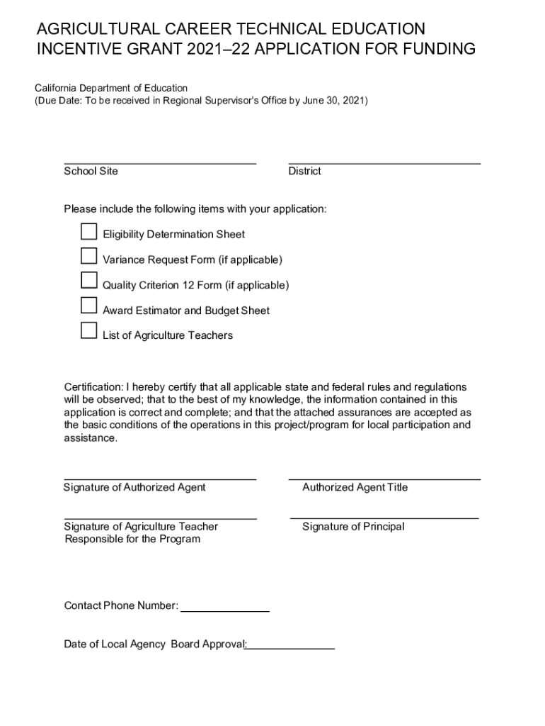Fillable Online Att B21. Agricultural Career Technical Education (CTE) Incentive Grant