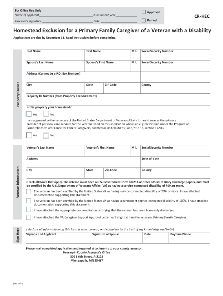 Fillable Online Homestead exclusion for disabled veteran's primary