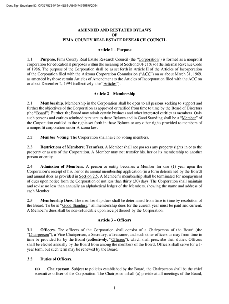 Fillable Online AMENDED AND RESTATED BYLAWS OF PIMA COUNTY REAL ESTATE