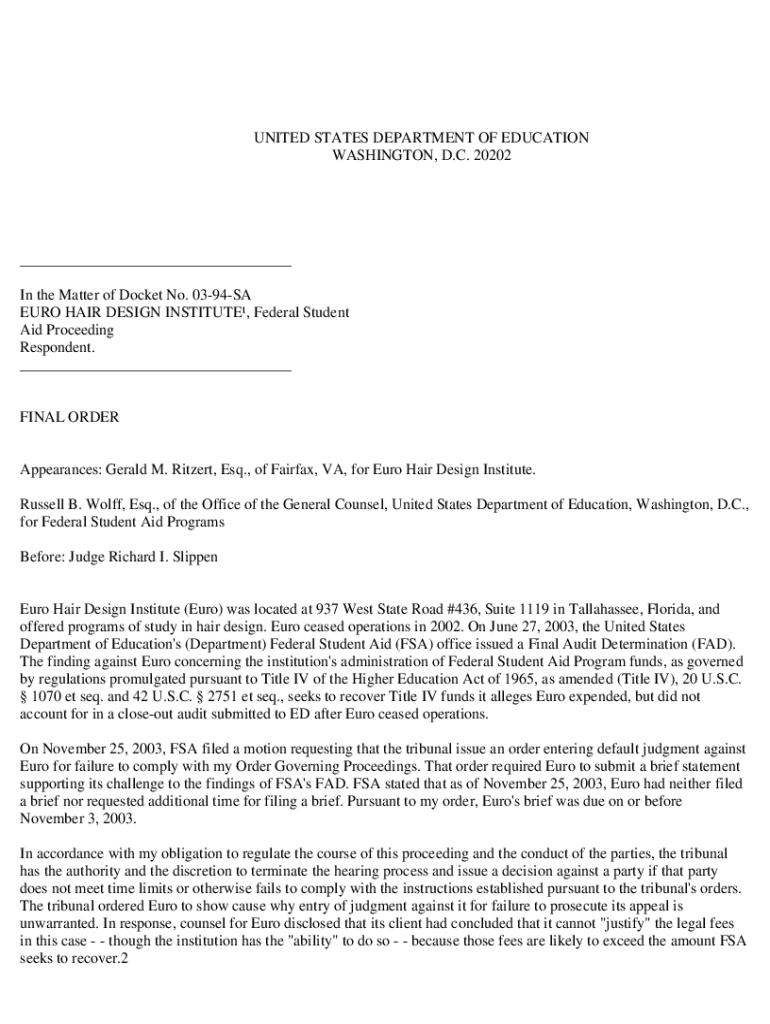 Fillable Online Euro Hair Design Institute, Docket No. 0394SA (PDF