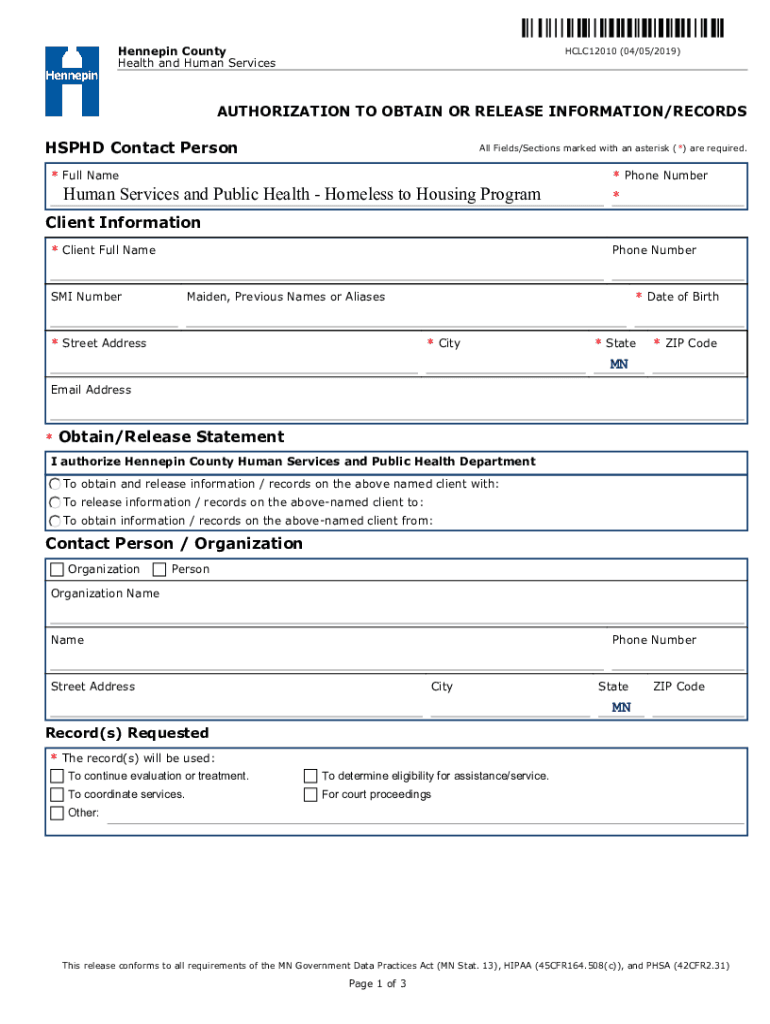 AUTHORIZATION TO OBTAIN OR RELEASE INFORMATION RECORDS - HCLC12010 Preview on Page 1
