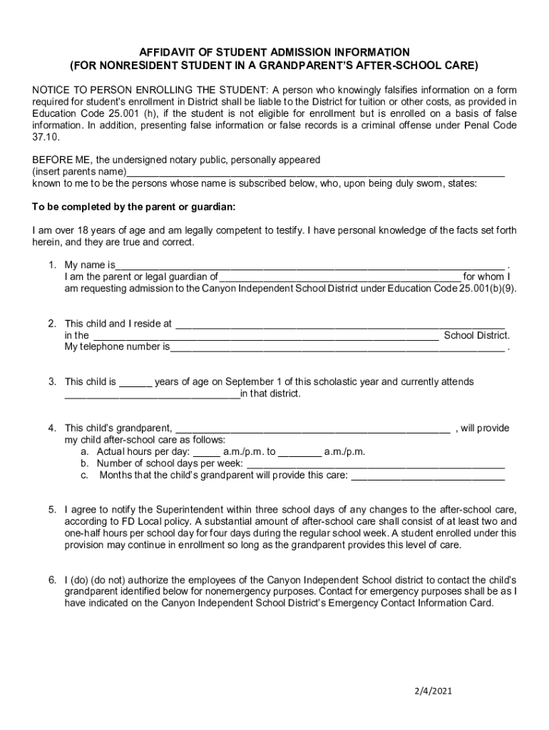 Fillable Online AFFIDAVIT OF STUDENT ADMISSION INFORMATION (FOR Fax
