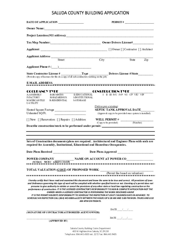 Fillable Online Fillable Online SALUDA COUNTY BUILDING APPLICATION Fax