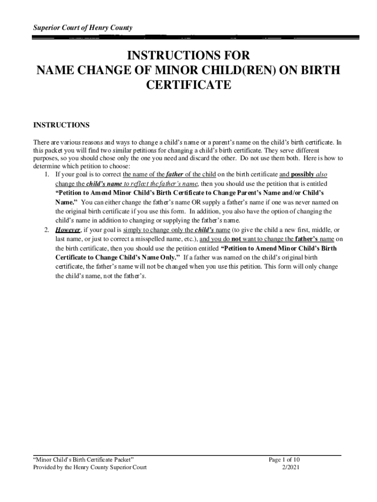 Fillable Online instructions for name change of minor child(ren) on birth certificate Fax Email