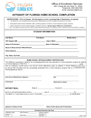 Fillable Online Affidavit of Floirda Home School Completion Fax Email ...