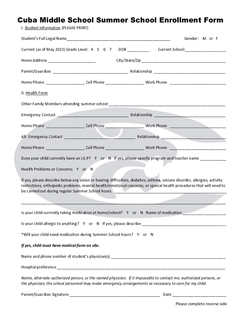 Fillable Online www.cuba.k12.mo.us ssmsenrollmentCuba Middle School