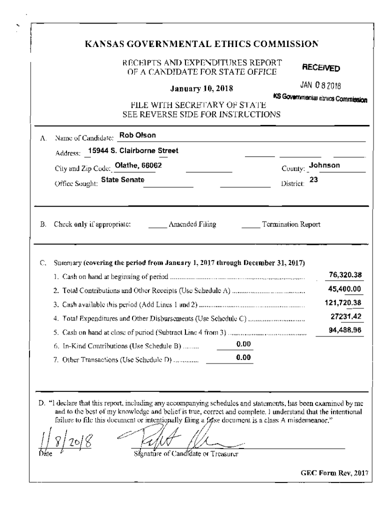 Fillable Online ethics ks KANSAS GOVERNMENTAL ETHICS COlVlMISSION Fax