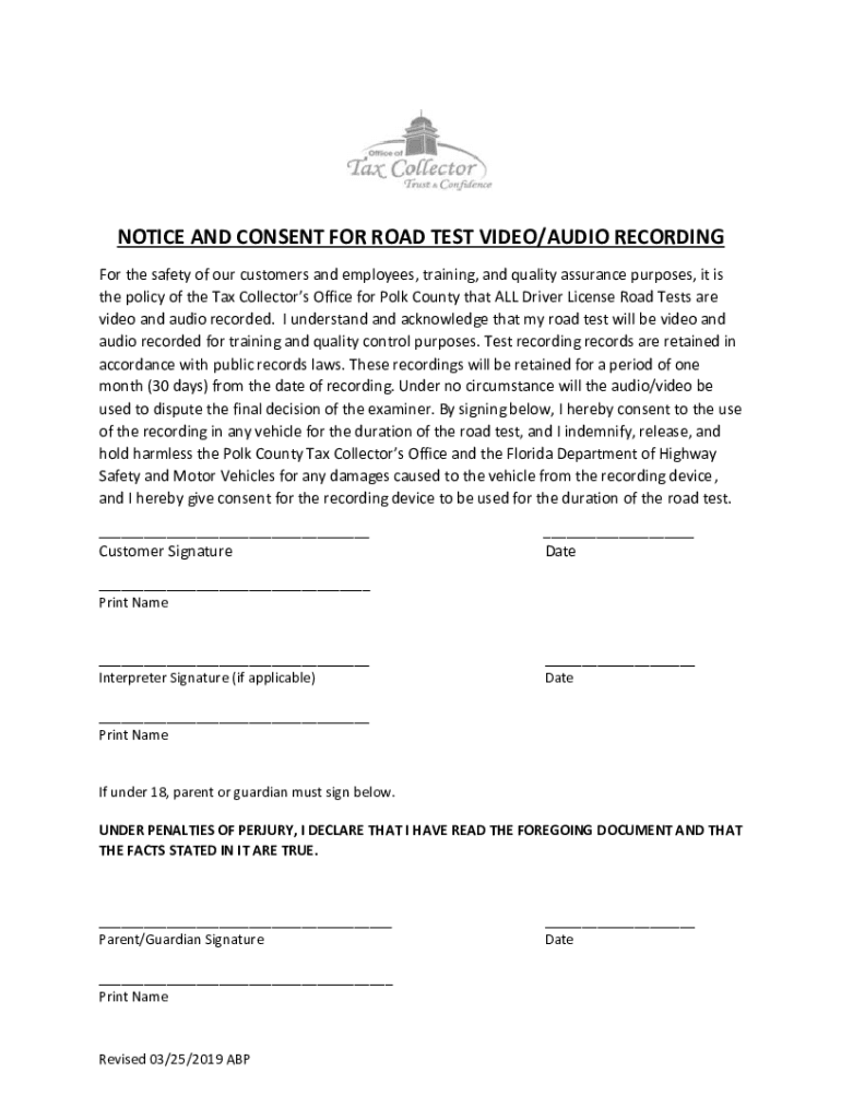 notice and consent for road test video audio recording Preview on Page 1