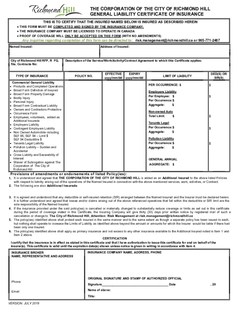 THE CORPORATION OF THE CITY OF RICHMOND HILL GENERAL LIABILITY CERTIFICATE OF INSURANCE Preview on Page 1.