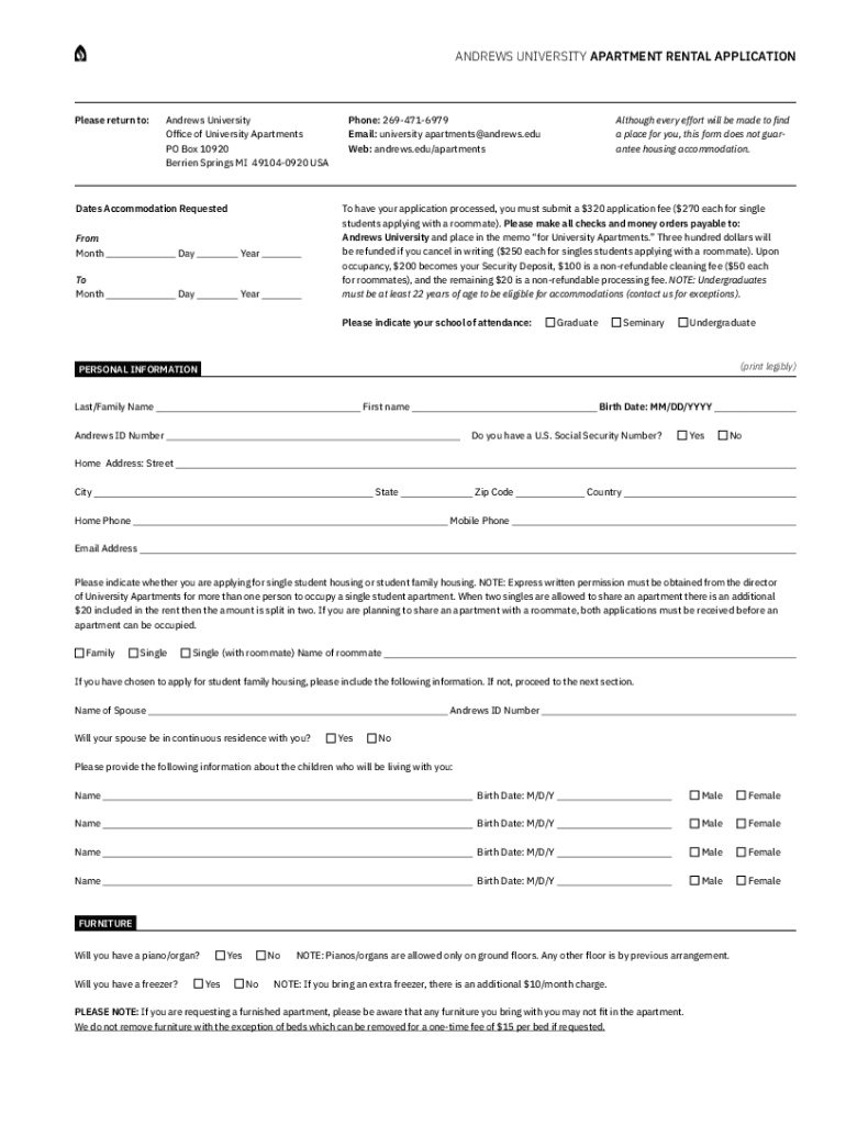 andrews life housingANDREWS UNIVERSITY APARTMENT RENTAL APPLICATION Preview on Page 1