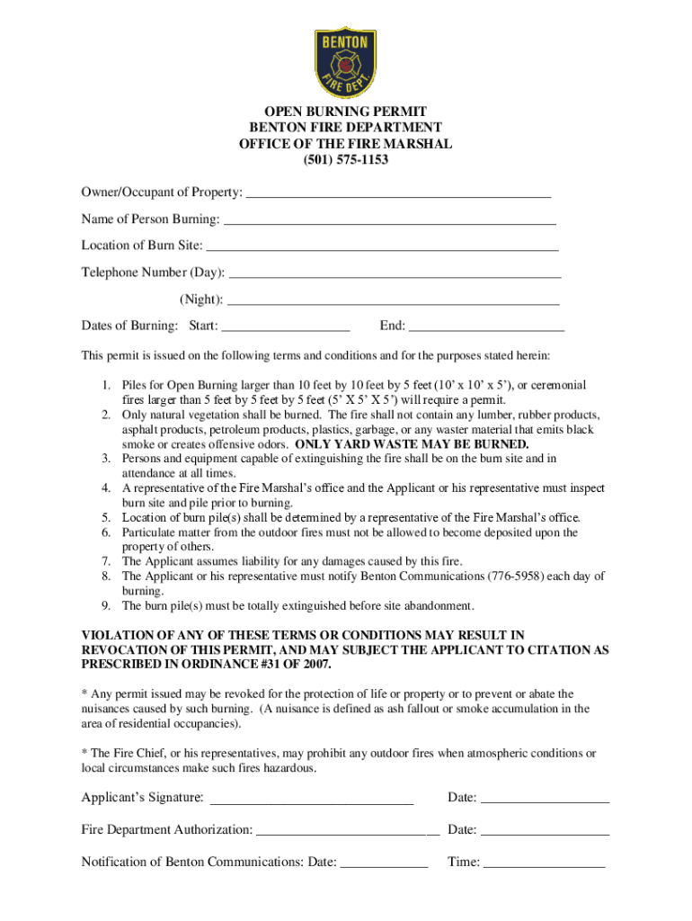 Fillable Online OPEN BURNING PERMIT BENTON FIRE DEPARTMENT OFFICE OF