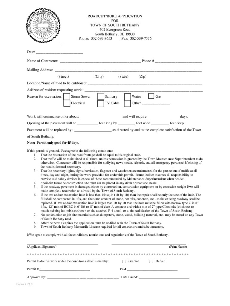 ROADCUT BORE APPLICATION FOR TOWN OF SOUTH BETHANY Preview on Page 1