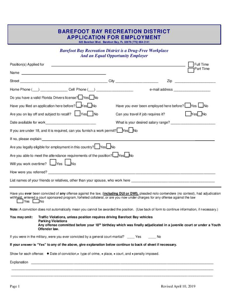 Employment Application and InstructionsBarefoot Bay FL Preview on Page 1