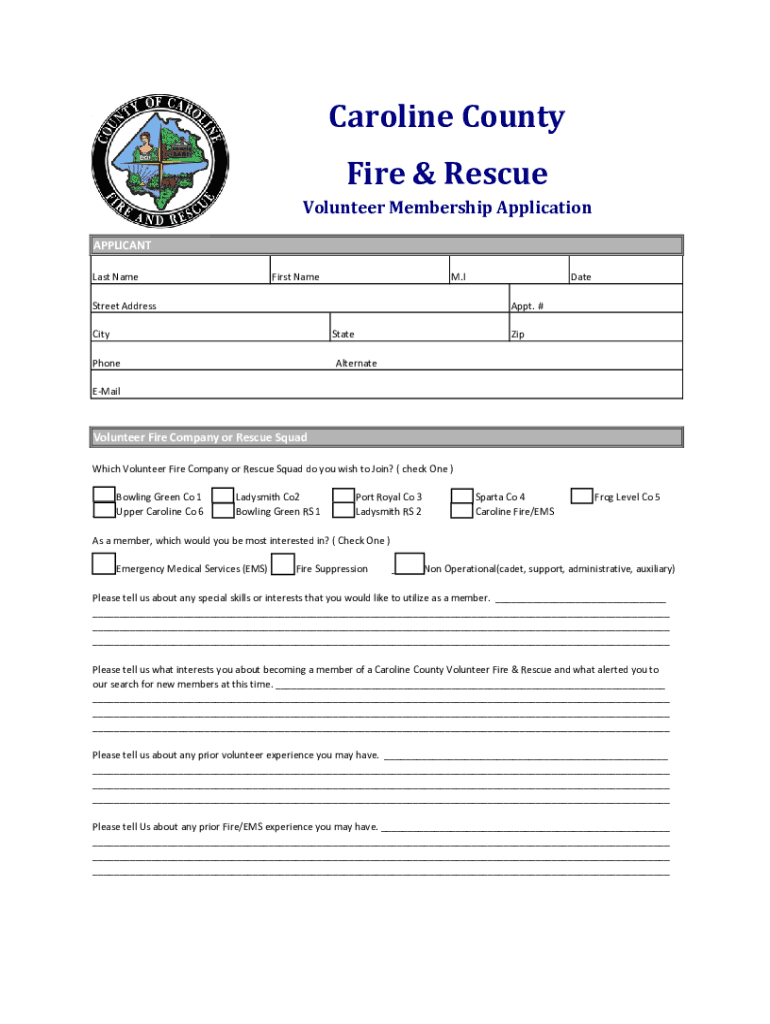 Volunteer Membership Application - Caroline County Fire Preview on Page 1