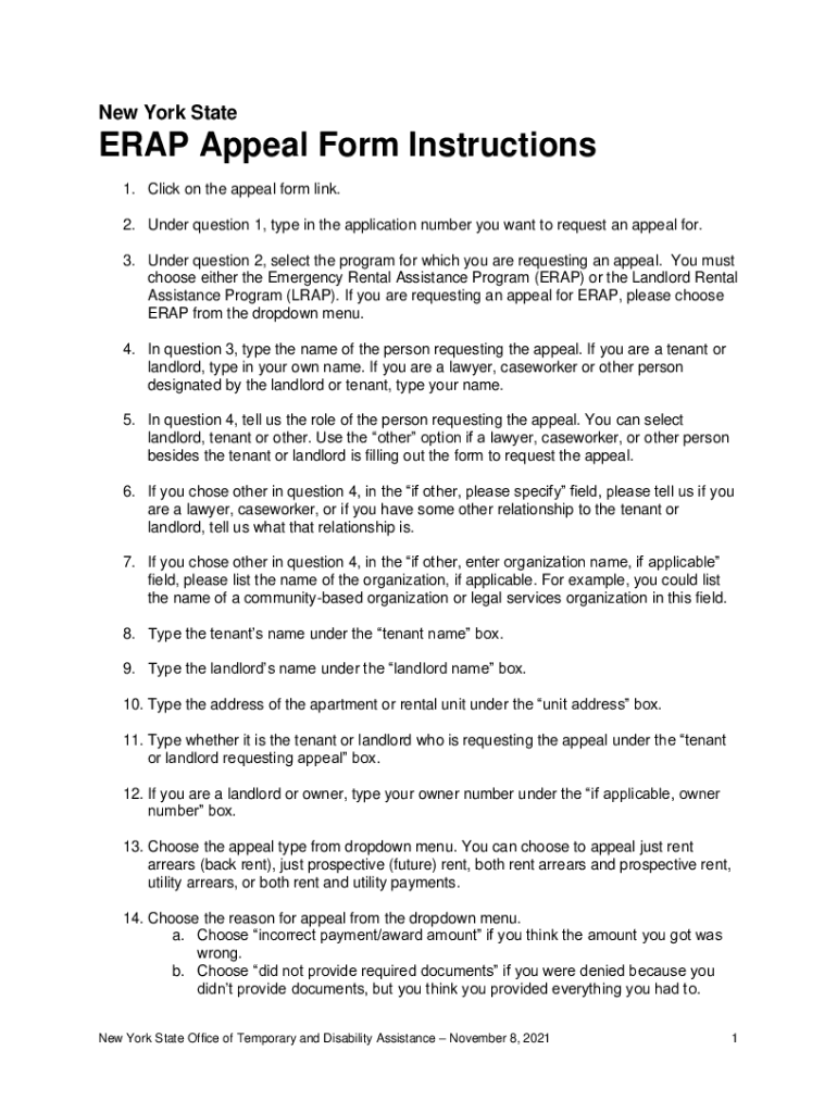 Fillable Online otda ny ERAP Appeal Form Instructions. Instructions on