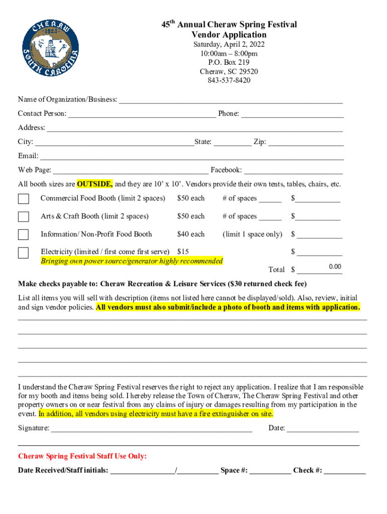 45th Annual Cheraw Spring Festival Vendor Application - My First Preview on Page 1