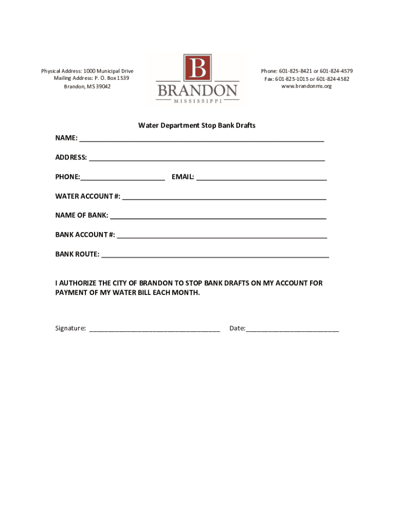 Water Department Stop Bank Drafts NAME - City of Brandon Preview on Page 1