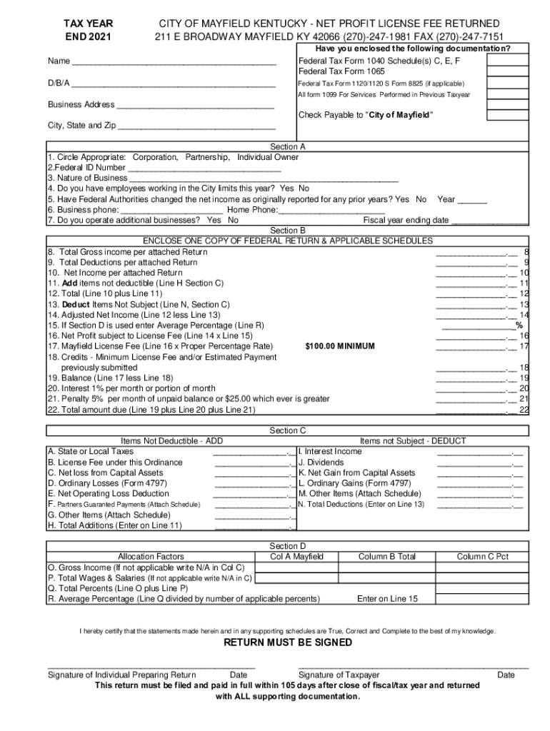 Fillable Online TAX YEAR CITY OF MAYFIELD KENTUCKY NET PROFIT LICENSE