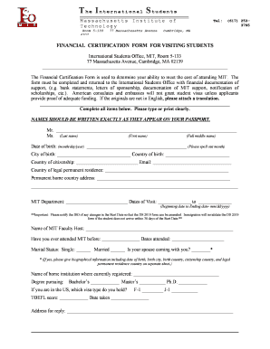 MIT Financial Certification Form for Visiting Students