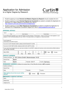 Application for Admission to a Higher Degree by Research