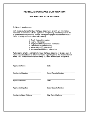 Heritage Mortgage Corporation Information Authorization