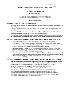 Pennsylvania Family Literacy Program Pre-test Form