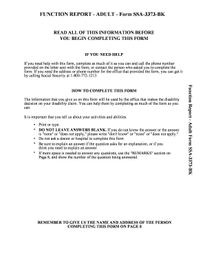 Function Report - Adult Form SSA-3373-BK