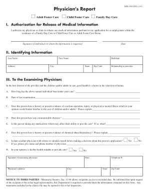 Physician's Report for Foster Care Application