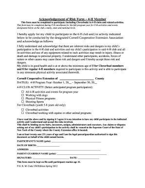 4-H Member Acknowledgement of Risk Form