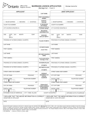 Ontario Marriage Licence Application