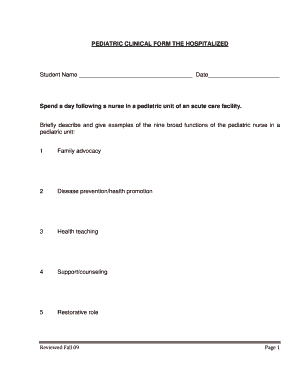 Pediatric Clinical Form for Hospitalized Students
