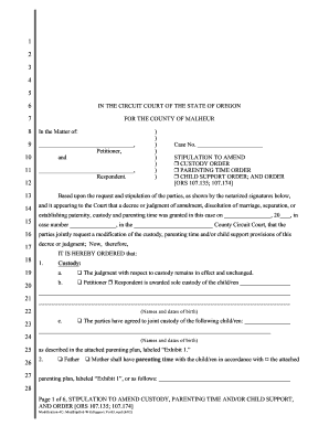 Stipulation to Amend Custody, Parenting Time, and Child Support Order