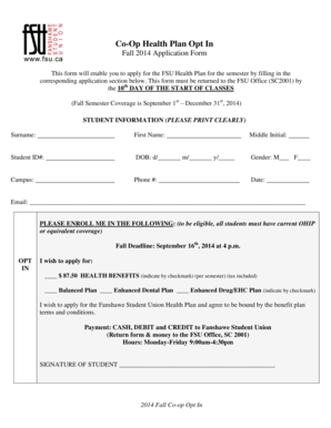 FSU Health Plan Fall 2014 Application Form