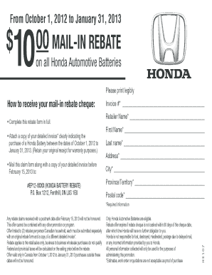 Honda Battery Mail-In Rebate Form