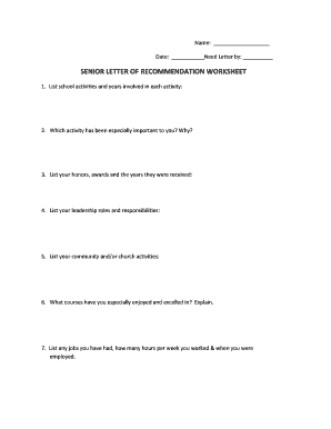 Senior Letter of Recommendation Worksheet