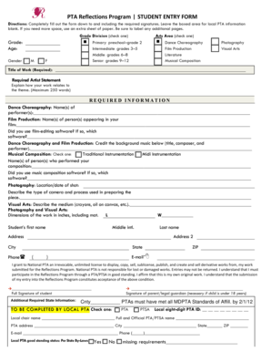 PTA Reflections Program Student Entry Form