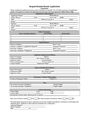 Sargent Rentals Rental Application