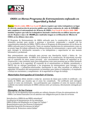OSHA 10 Horas Programa de Entrenamiento enfocado en Seguridad y Salud
