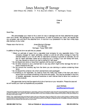 Jones Moving & Storage Damage Claim Form