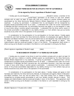 Parent Permission for Athletic Trip by Automobile