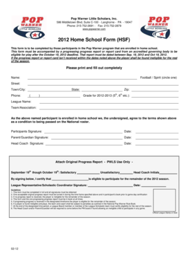 Pop Warner Home School Form