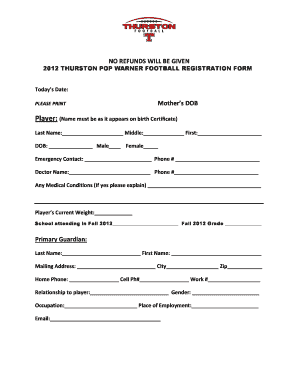 Thurston Pop Warner Registration Form