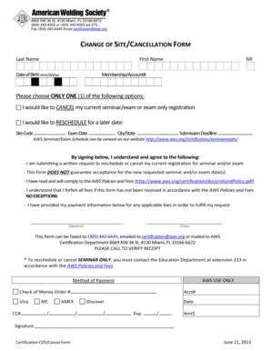 AWS Certification Change of Site/Cancellation Form