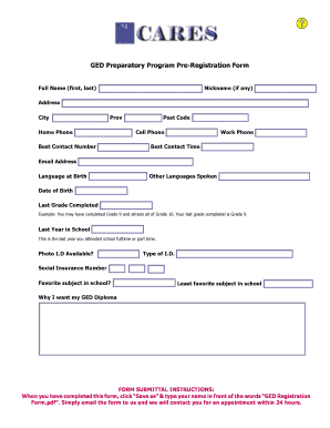 GED Preparatory Program Pre-Registration Form